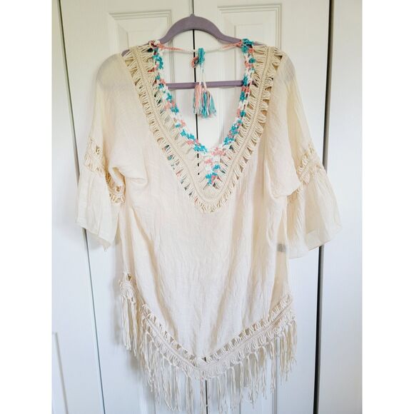 Joress M Oversized Southwest Top Hippie Pompom Low Cut Gauze Tan‎ Tassels SS - Picture 3 of 9